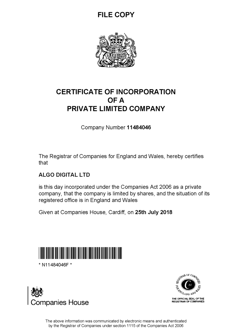 Certificate of Incorporation – ALGO DIGITAL LTD